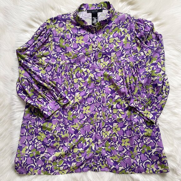 Smythe Patterned Crimson Orchid Floral Shirred Pocket 3/4 Sleeve Blouse - Picture 2 of 6